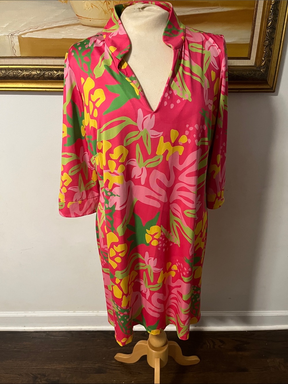 Katherine Way Pink, Green & Yellow Floral Print Shift Dress